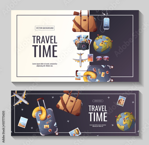 Set of banners for travel, tourism, adventure, journey. Suitcase, airplane and globe, camera, travel bag, passport and tickets. Vector illustration, flyer, cover, banner template.