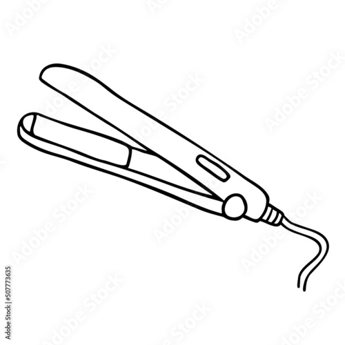 Hair straightener or iron outline sketch isolated on white. Hand drawn linear element in doodle style.  Vector icon of professional hairdresser tool for hairdressing salon or barbershop concept.