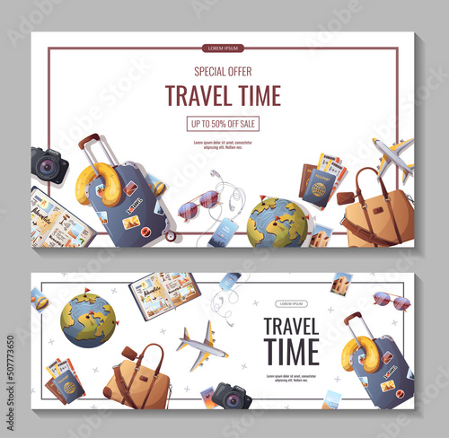 Set of banners for travel, tourism, adventure, journey. Suitcase, airplane and globe, camera, travel bag, travel journal, passport and tickets. Vector illustration, flyer, cover, banner template.