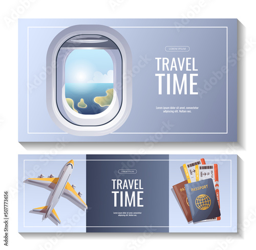 Set of Banners for travel, tourism, adventure, journey concept. Passport and tickets, airplane, plane window. Vector illustration. Banner, cover, flyer template.