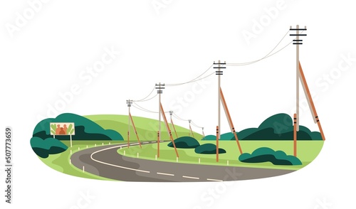Overhead electric power lines with cables suspended on utility poles. Road posts with wires for electricity energy transmission, distribution. Flat vector illustration isolated on white background