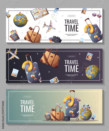 Set of banners for travel, tourism, adventure, journey. Suitcase, airplane and globe, camera, travel bag, travel journal, passport and tickets. Vector illustration, flyer, cover, banner template.