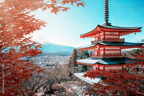A famous place in Japan with the Chureito Pagoda and the Mount Fuji