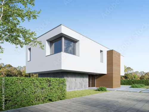 3d rendering of white modern house with concrete floor and lawn yard. © nuchao