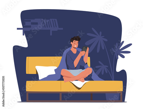 Male Character with Phone Sit in Bed Wrapped in Blanket. Concept of Gadget Addiction, Insomnia, Internet Communication