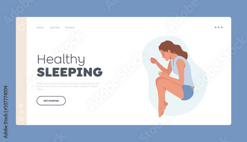 Healthy Sleeping Landing Page Template. Tired Woman Wear Pajama Sleep on Side in Embryo Fetal Pose, Night Relaxation