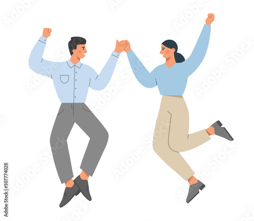 Happy business couple jumping for joy. Teamwork. Business cooperation of young creative people. The concept of happiness, victory, triumph, unity and support between colleagues. Vector illustration. © y.s.graphicart