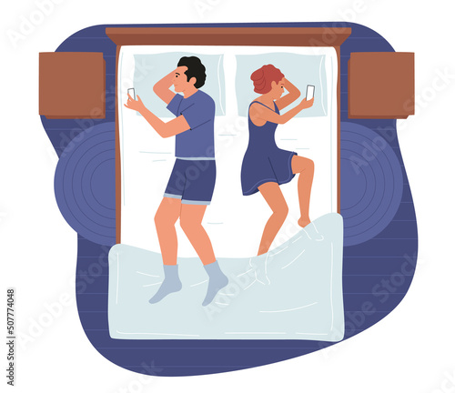 Young Couple Man and Woman Lying in Bed Back to Back Using Smartphones Top View. Internet Addiction, Family Problems