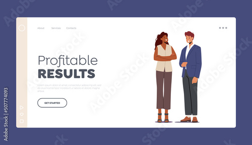 Profitable Results Landing Page Template. Business Male and Female Characters in Formal Suit, Businesspeople Team