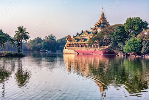 Kandawgyi Lake in Yangon city with the famous Karaweik palace 