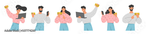 Collection of people paying with a credit card over the internet. Online shopping, cashless payment concept. Flat vector illustration on white background.