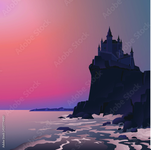 Dark castle. Tower. Vector illustration of the single castle on the cliff with big waves and red sunset in the background. Empty space leaves room for design elements or text. Background. Poster.