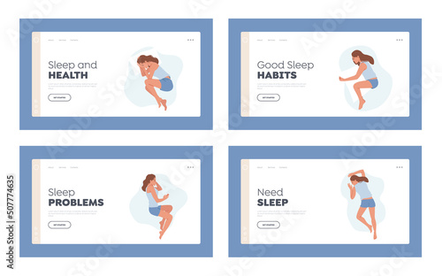 Female Character Sleeping Poses Landing Page Template Set. Girl Lying in Bed in Various Comfortable Positions Top View