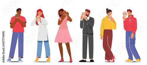 Set of Male and Female Characters Hiding Faces Behind Social Masks With Fake Positive Emotions. Sad Men and Women