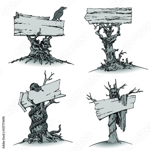 Fantasy Wooden Billboard,  Pointers, plank signboards Set. Hand drawn vector illustration of wooden signs or signposts nailed to a fantasy tree in fairy-tale images. Can be a road sign, sign post.