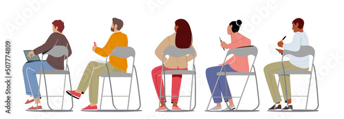 Sitting People Rear View, Young Men and Women Characters Sit on Chairs in Row, Students Back View, Courses Participants