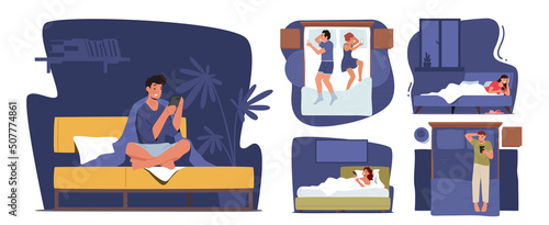 Set of Male or Female Characters Lying with Smartphones in Bed at Night. Mobile Phone and Gadget Addiction