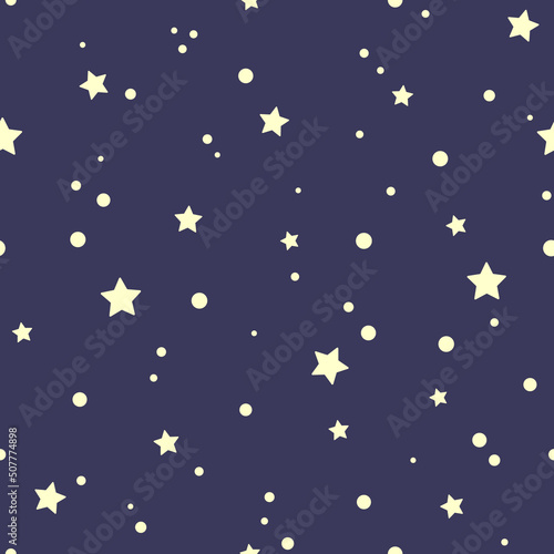 Ivory stars on night sky dark blue background. Abstract vector seamless pattern in soft colors. Best for textile, print, wrapping paper, package and home decoration.