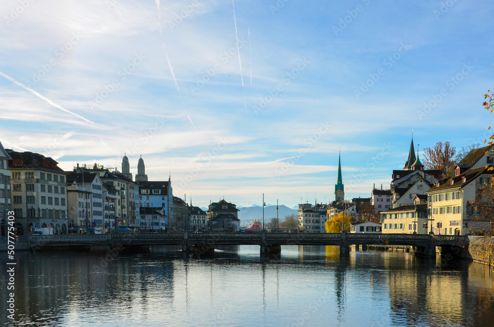 A beautiful view on a bridge over the Limit, in the city of Zurich 