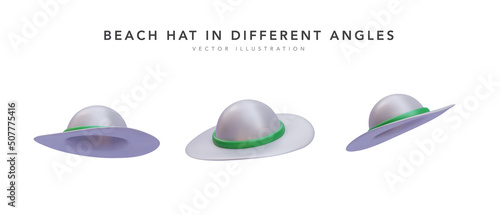 3d realistic set of beach hat with green ribbon on isolated white background. Vector illustration