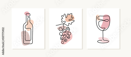 Wine posters. Artistic one line vector illustration.