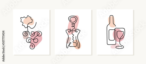 Wine posters. One line artistic vector illustration.