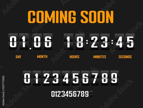 Airport countdown timer. Vector analog clock counter. Black flip panel with white time. Timer for the presentation of an event or sale. Vector flat illustration.