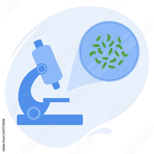 Salmonella Typhi bacteria in a petri dish under the microscope in a laboratory. Medical research of microbes. Lab tools for scientific experiment. Biochemistry and analysis vector concept.