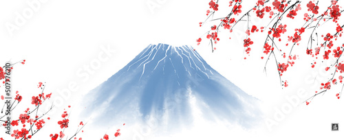 Sakura blossom and Fujiyama mountain on white background.Traditional oriental ink painting sumi-e, u-sin, go-hua. Translation of hieroglyph - blossom