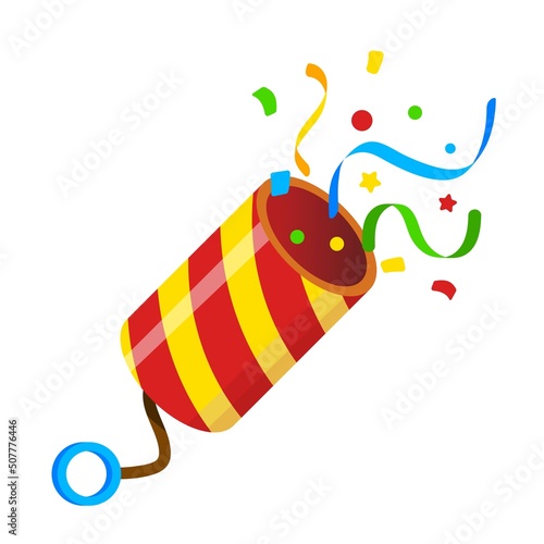 Cartoon party popper with confetti. Petard icon isolated firecracker. Birthday fireworks exploding