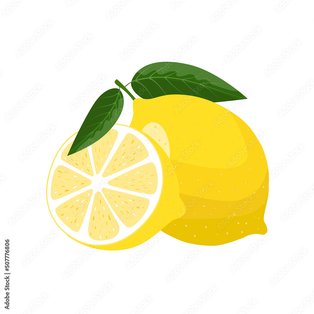 Lemon with leaves and halved in cut, flat style vector illustration isolated on white background Lemon with leaves and halved in cut, flat style vector illustration isolated on white background