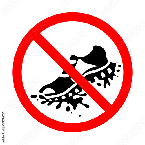 Modern sign, icon prohibiting walking in dirty street shoes. Black sole or grange foot. Sneakers, Running shoes. Vector.