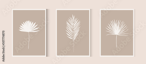 Botanical wall art. Vector Dried Sun Fan Palms. Small Pampas Grass. Bohemian dry cream flowers. Dried flower bunches. Modern line art.