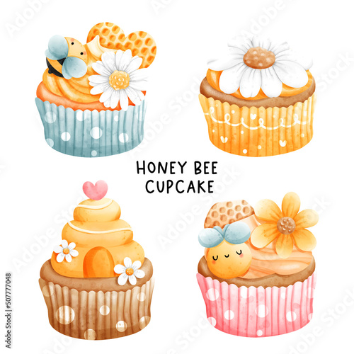 bee cupcake, honey bee cake, birthday Vector illustration