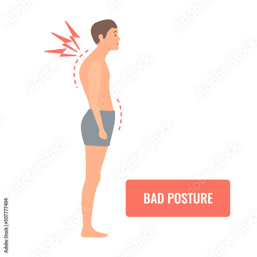 Man with bad posture. Poor stance and backache. Spine curvature due to scoliosis. Body imbalance defect concept. Medical vector illustration.