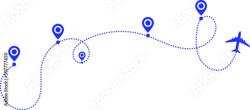 Airplane path in a dotted line shape. Blue Airplane line routes set. Aircraft tracking. location pins isolated on white background