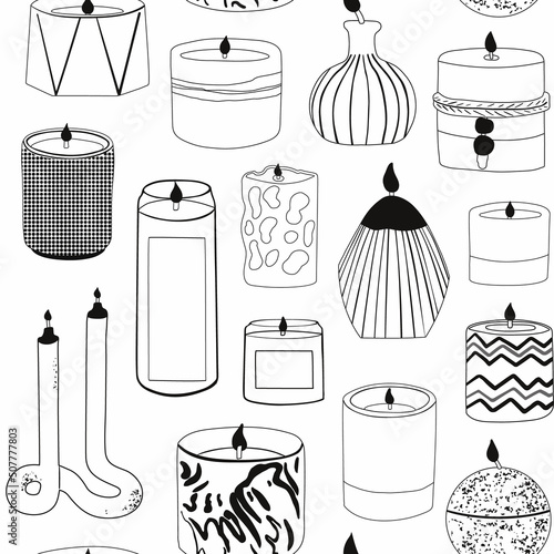 Seamless pattern with scented candles outline. Modern aromatic decoration for cozy home interior. Candle Lights collection. Flat vector illustrations