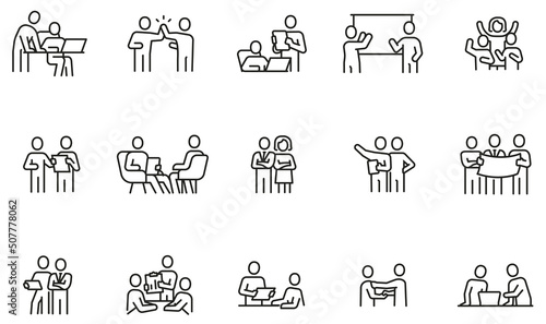 Vector set of linear icons related to business relationship, team work, human resource management and partnership. Mono line pictograms and infographics design elements