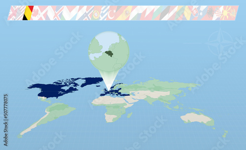 Belgium member of North Atlantic Alliance selected on perspective World Map. Flags of 30 members of alliance.
