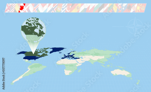 Canada member of North Atlantic Alliance selected on perspective World Map. Flags of 30 members of alliance.