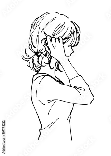 髪を耳にかける女性のイラスト　お洒落な人物線画　横顔　一つ結び