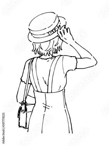 帽子をかぶった半袖の女性のイラスト お洒落な人物線画 後ろ姿 夏服 春