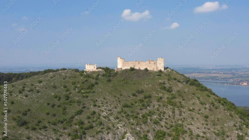 Děvičky stone castle ruins overlooking Mikulov town in Moravia, drone. Děvičky stone castle ruins overlooking Mikulov town in Moravia, drone.