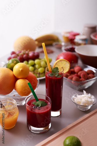 Fresh homemade fruit smoothie, healthy juicy vitamin drink diet or vegan food concept