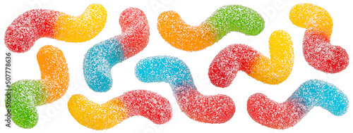 Sour gummy worms isolated on white background, full depth of field