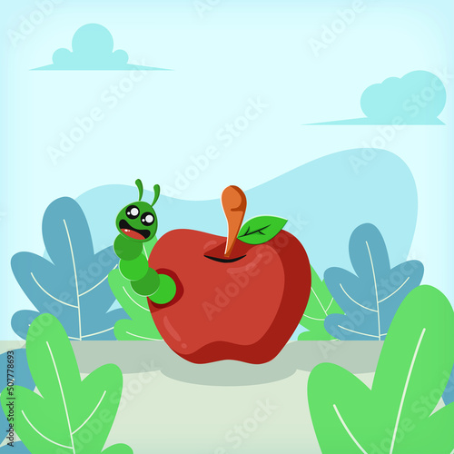 Apple with Worm Flat Illustration Design Concept