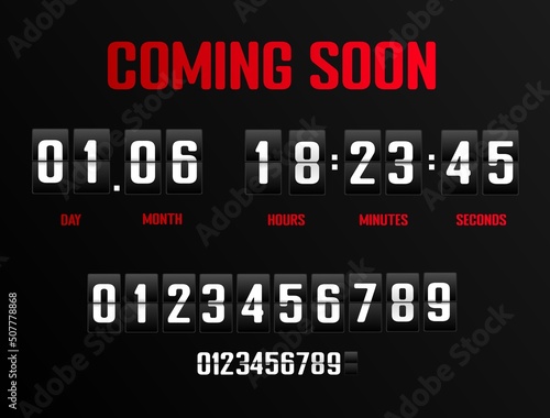 Airport countdown timer. Vector analog clock counter. Black flip panel with white time. Timer for the presentation of an event or sale. Vector flat illustration.