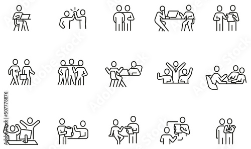 Fototapeta Naklejka Na Ścianę i Meble -  Vector Set of Linear Icons Related to business meeting, discussion, relationship and negotiation. Mono Line Pictograms and Infographics Design Elements