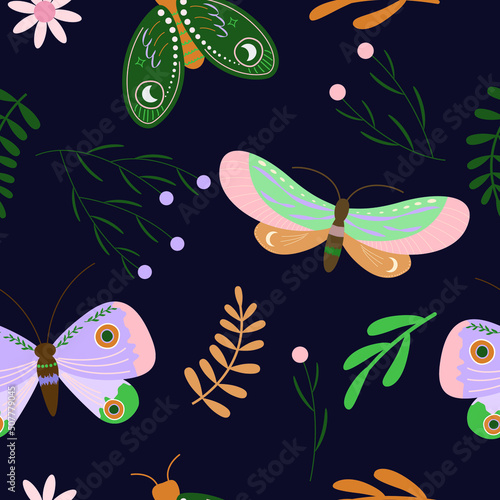 seamless pattern with butterflies and plant on dark background