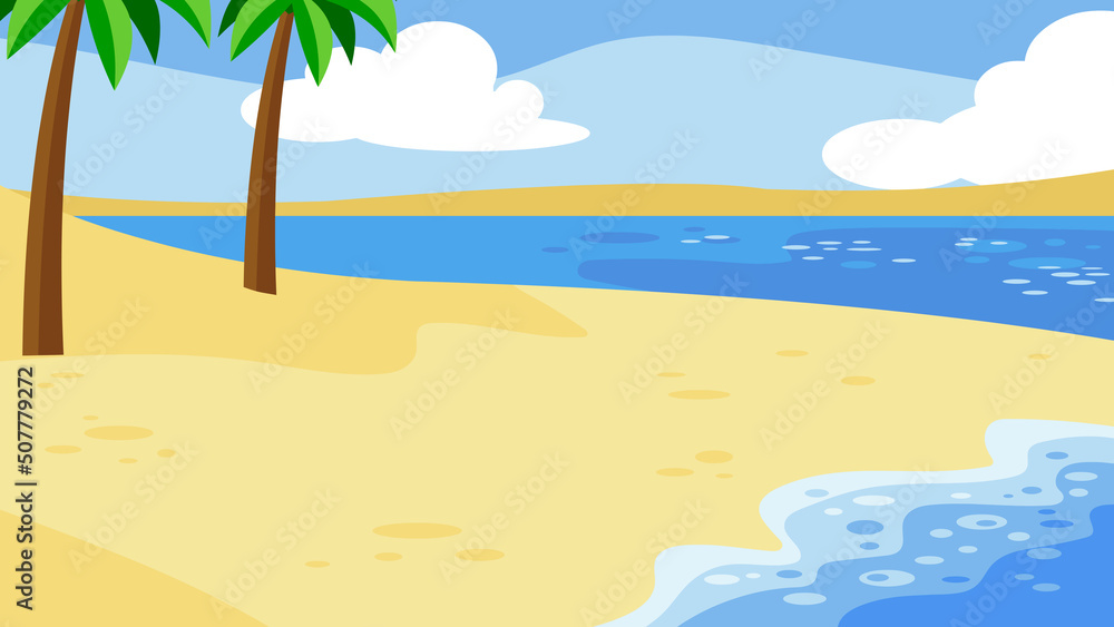 Cartoon Beach Background With Palms Tree. Vector Hand Drawn Flat Illustration Design